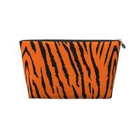 Silver Large Leather Travel Toiletry Bag - Reusable Orange Tiger Leopard Print Portable Cosmetic Makeup Organizer Pouch with Zipper