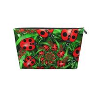 Silver Large Leather Travel Toiletry Bag - Reusable Red Ladybug Print Portable Cosmetic Makeup Organizer Pouch with Zipper