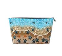 Silver Large Leather Travel Toiletry Bag - Reusable Turtle Crawling on The Beach Print Portable Cosmetic Makeup Organizer Pouch with Zipper