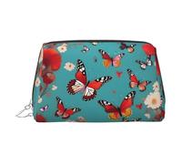 Silver Leather Makeup Bag â€“ Hen Flying Butterflies Among Flowers Print Travel Cosmetic Bags, Organizer with Handle, Portable Personal Toiletries