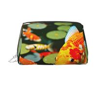 Silver Leather Makeup Bag â€“ Japanese Pretty Koi Fish Print Travel Cosmetic Bags, Organizer with Handle, Portable Personal Toiletries