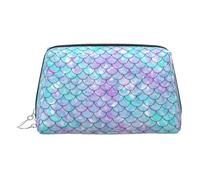 Silver Leather Makeup Bag â€“ Mermaid Print Travel Cosmetic Bags for Women, Small Organizer with Handle, Zipper Pouch