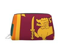 Silver Leather Makeup Bag â€“ Sri Lanka Flag Print Travel Cosmetic Bags for Women, Small Organizer with Handle, Zipper Pouch