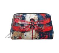 Silver Leather Makeup Bag - Abstract Red Dragonfly Print Travel Cosmetic Organizer with Handle, and Zipper - Perfect for Daily Use