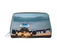 Silver Leather Makeup Bag - Airplane in The Evening Light Print Travel Cosmetic Bags for Women Zipper, Ideal Gifts for Travelers