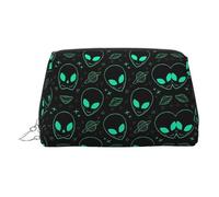 Silver Leather Makeup Bag - Aliens Print Travel Cosmetic Bags for Women, Small Organizer with Handle, Zipper Pouch