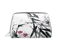 Silver Leather Makeup Bag - Bamboo Cherry Blossom Print Travel Cosmetic Bags, Portable Toiletry Organizer, Zipper Pouch for Daily Use