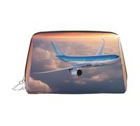 Silver Leather Makeup Bag - Beautiful Sky Airplane Print Travel Cosmetic Organizer with Handle, and Zipper - Perfect for Daily Use