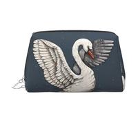 Silver Leather Makeup Bag - Beautiful White Swan Print Travel Cosmetic Bags, Portable Toiletry Organizer, Zipper Pouch for Daily Use