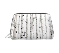 Silver Leather Makeup Bag - Birch Tree Print Travel Cosmetic Bags for Women, Small Organizer with Handle, Zipper Pouch