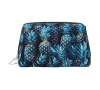 Silver Leather Makeup Bag - Blue Pineapple Print Travel Cosmetic Organizer with Handle, and Zipper - Perfect for Daily Use