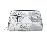 Silver Leather Makeup Bag - Boat Map Print Travel Cosmetic Bags, Portable Toiletry Organizer, Zipper Pouch for Daily Use