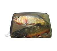 Silver Leather Makeup Bag - Brook Trout Fly Fishing Print Travel Cosmetic Bags for Women, Small Organizer with Handle, Zipper Pouch