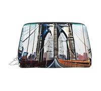 Silver Leather Makeup Bag - Brooklyn Bridge Print Travel Cosmetic Organizer with Handle, and Zipper - Perfect for Daily Use