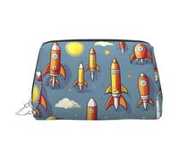 Silver Leather Makeup Bag - Cartoon Rocket Print Travel Cosmetic Organizer with Handle, and Zipper - Perfect for Daily Use