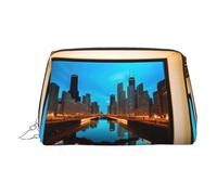 Silver Leather Makeup Bag - Chicago Reflected Print Travel Cosmetic Organizer with Handle, and Zipper - Perfect for Daily Use