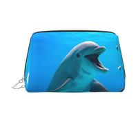Silver Leather Makeup Bag - Cute Dolphin Print Travel Cosmetic Bags, Portable Toiletry Organizer, Zipper Pouch for Daily Use