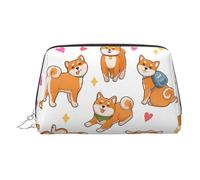 Silver Leather Makeup Bag - Cute Shiba Inu Dog Print Travel Cosmetic Bags for Women, Small Organizer with Handle, Zipper Pouch