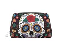 Silver Leather Makeup Bag - Day of The Dead Print Travel Cosmetic Bags, Portable Toiletry Organizer, Zipper Pouch for Daily Use