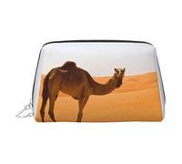 Silver Leather Makeup Bag - Desert Sand Camel Print Travel Cosmetic Bags, Portable Toiletry Organizer, Zipper Pouch for Daily Use