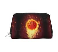 Silver Leather Makeup Bag - Fired Up Basketball Print Travel Cosmetic Bags for Women, Small Organizer with Handle, Zipper Pouch