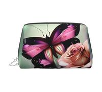 Silver Leather Makeup Bag - Flower Rose Butterfly Print Travel Cosmetic Organizer with Handle, and Zipper - Perfect for Daily Use