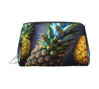 Silver Leather Makeup Bag - Fruit Pineapple Print Travel Cosmetic Organizer with Handle, and Zipper - Perfect for Daily Use