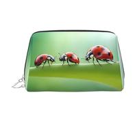 Silver Leather Makeup Bag - Funny Ladybug Print Travel Cosmetic Organizer with Handle, and Zipper - Perfect for Daily Use