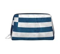 Silver Leather Makeup Bag - Greek Flag Print Travel Cosmetic Bags for Women Zipper, Ideal Gifts for Travelers