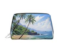Silver Leather Makeup Bag - Hawaiian Beach with Palm Trees Print Travel Cosmetic Organizer with Handle, and Zipper - Perfect for Daily Use