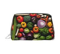 Silver Leather Makeup Bag - Introduction of Various Vegetables Print Travel Cosmetic Organizer with Handle, and Zipper - Perfect for Daily Use