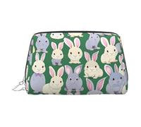 Silver Leather Makeup Bag - Many Bunny Cute Print Travel Cosmetic Organizer with Handle, and Zipper - Perfect for Daily Use