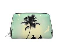Silver Leather Makeup Bag - Married Couple Walking on The Beach Print Travel Cosmetic Bags, Portable Toiletry Organizer, Zipper Pouch for Daily Use