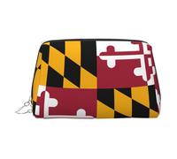 Silver Leather Makeup Bag - Maryland State Flag Print Travel Cosmetic Bags for Women, Small Organizer with Handle, Zipper Pouch