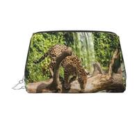 Silver Leather Makeup Bag - Panther on Tree Trunk Waterfall Print Travel Cosmetic Bags, Portable Toiletry Organizer, Zipper Pouch for Daily Use