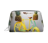 Silver Leather Makeup Bag - Pineapple Bike Print Travel Cosmetic Organizer with Handle, and Zipper - Perfect for Daily Use
