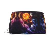 Silver Leather Makeup Bag - Planet Print Travel Cosmetic Bags, Portable Toiletry Organizer, Zipper Pouch for Daily Use