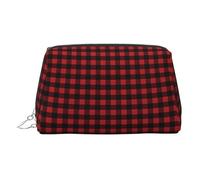 Silver Leather Makeup Bag - Red Black Buffalo Check Plaid Pattern Print Travel Cosmetic Bags for Women, Small Organizer with Handle, Zipper Pouch