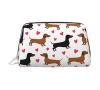 Silver Leather Makeup Bag - Romantic Dachshunds Print Travel Cosmetic Bags for Women, Small Organizer with Handle, Zipper Pouch