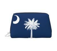 Silver Leather Makeup Bag - South Carolina Flag Print Travel Cosmetic Bags for Women, Small Organizer with Handle, Zipper Pouch