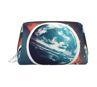 Silver Leather Makeup Bag - Space Planet Earth Print Travel Cosmetic Organizer with Handle, and Zipper - Perfect for Daily Use