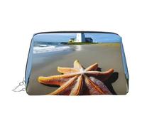 Silver Leather Makeup Bag - Starfish Lighthouse Beach Print Travel Cosmetic Organizer with Handle, and Zipper - Perfect for Daily Use