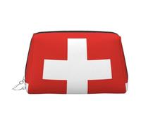 Silver Leather Makeup Bag - Swiss Flag Print Travel Cosmetic Bags, Portable Toiletry Organizer, Zipper Pouch for Daily Use