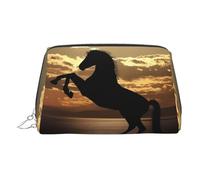 Silver Leather Makeup Bag - The Sunset Stallion (1) Print Travel Cosmetic Bags, Portable Toiletry Organizer, Zipper Pouch for Daily Use