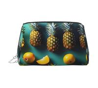 Silver Leather Makeup Bag - Tropical Fruit Pineapple Print Travel Cosmetic Organizer with Handle, and Zipper - Perfect for Daily Use