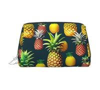 Silver Leather Makeup Bag - Tropical Fruits Pineapple Print Travel Cosmetic Organizer with Handle, and Zipper - Perfect for Daily Use