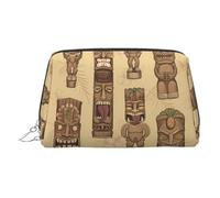 Silver Leather Makeup Bag - Vintage Aloha Tiki Pattern Print Travel Cosmetic Bags for Women, Small Organizer with Handle, Zipper Pouch