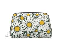 Silver Leather Makeup Bag - White Daisy Print Travel Cosmetic Organizer with Handle, and Zipper - Perfect for Daily Use