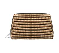 Silver Leather Makeup Bag - Wicker Woven Pattern Print Travel Cosmetic Organizer with Handle, and Zipper - Perfect for Daily Use