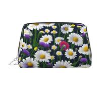 Silver Leather Makeup Bag - Wild Flowers and Cornflowers Daisies Print Travel Cosmetic Organizer with Handle, and Zipper - Perfect for Daily Use